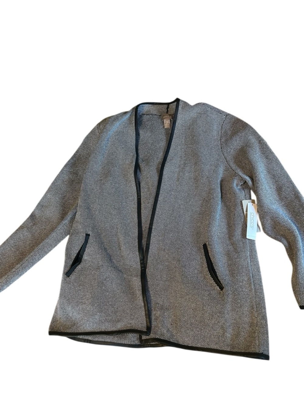 Chicos Size 2 Black and White Tweed open front Cardigan